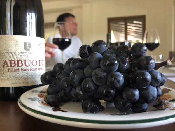 Abbouto wine bottle and its grape at table. Tasting time.